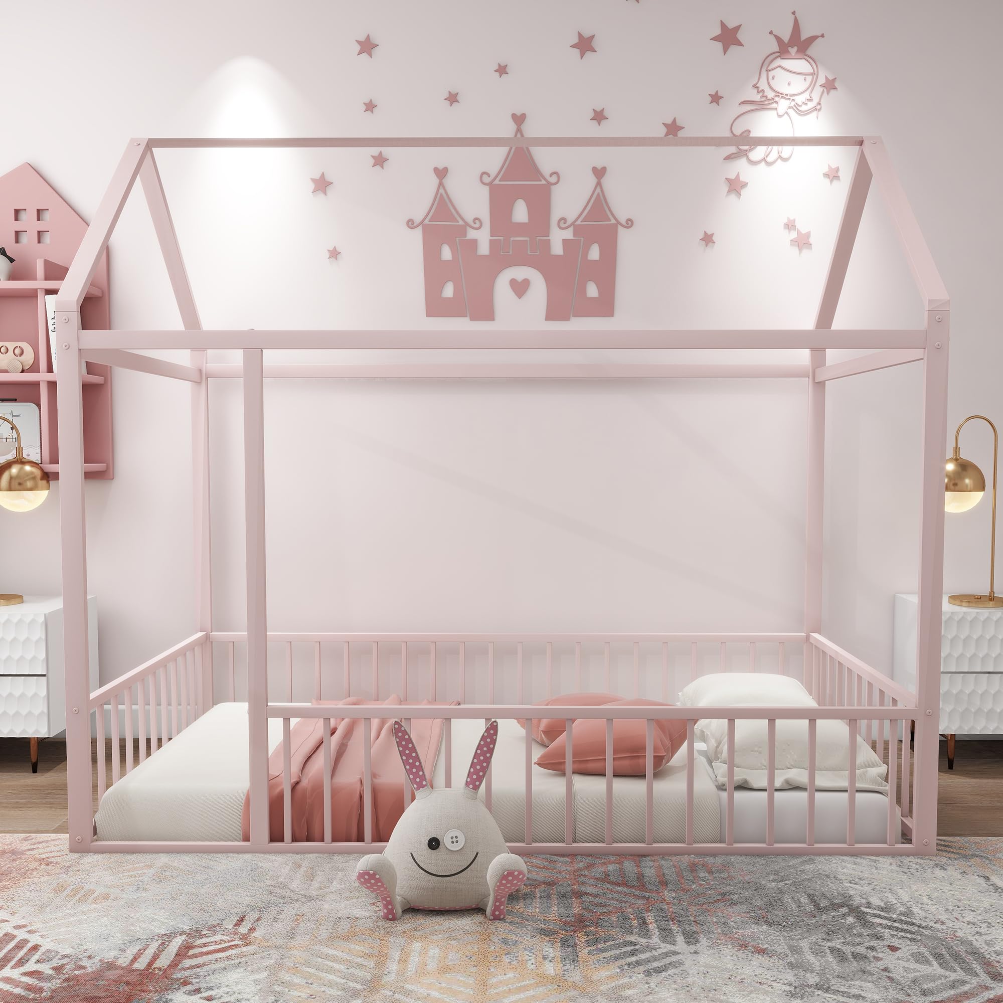 Aiuyesuo Playhouse Design Twin Size House Bed with Fence, Metal Montessori Floor Bed Frame with Roof for Toddler, Kids, Teens, Girls, Boys, No Box Spring Needed (Pink-T9)