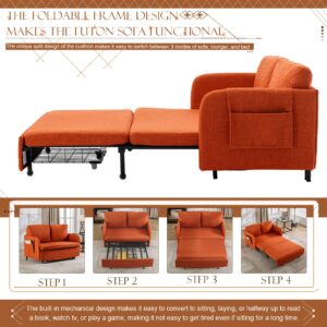 Pull Out Futon Sofa Bed, Convertible Small Loveseat Sleeper with Storage Drawer, 3 in 1 Futon Couch with Removable Pocket and 2 Pillows, Modern Love Seat for Living Room, Guest Room, Deep Orange