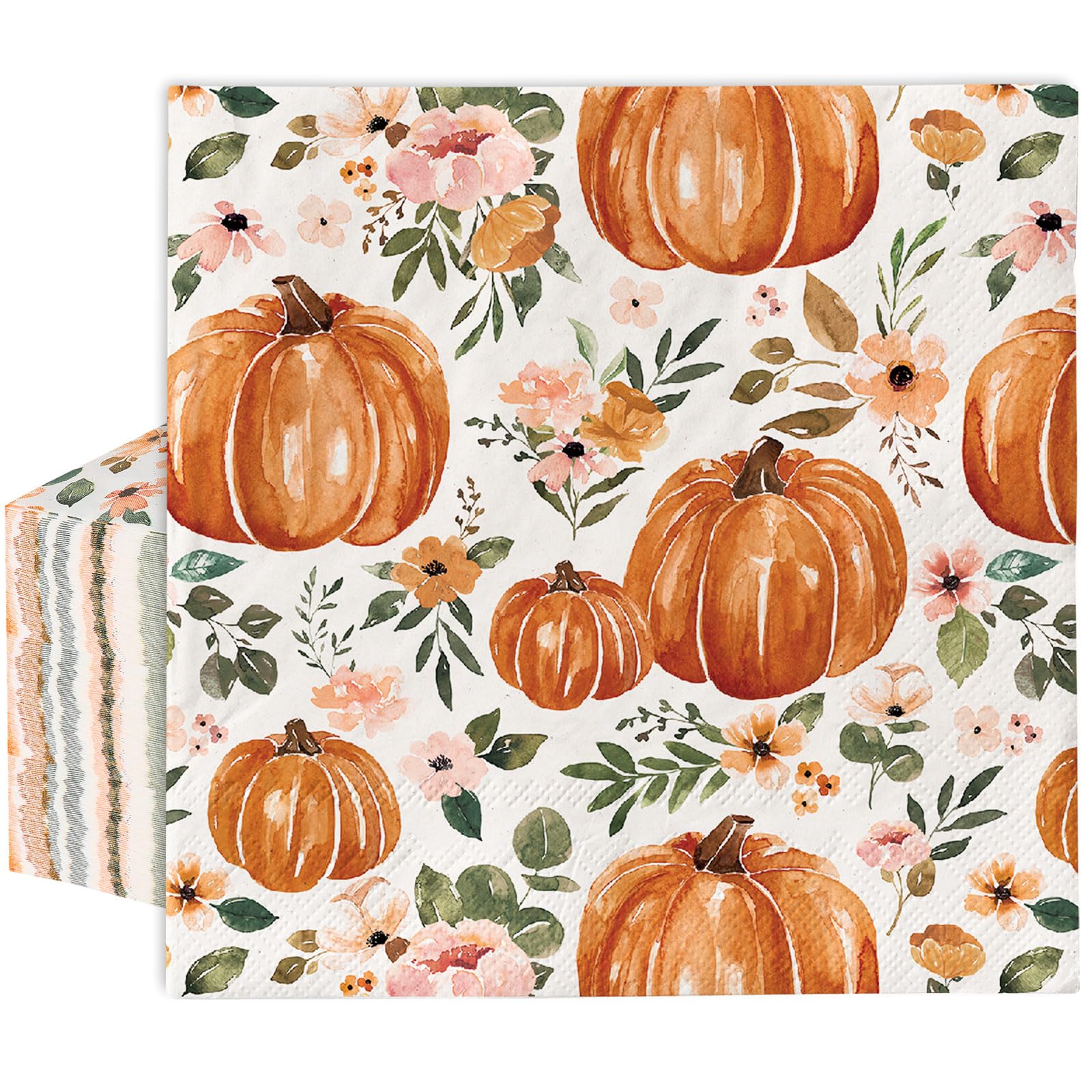 AnyDesign 80 Pack Fall Pumpkin Paper Napkins Watercolor Disposable Autumn Luncheon Napkins Boho Floral Pumpkin Dessert Dinner Hand Napkin for Thanksgiving Harvest Tea Party Supplies, 6.5 x 6.5 Inch