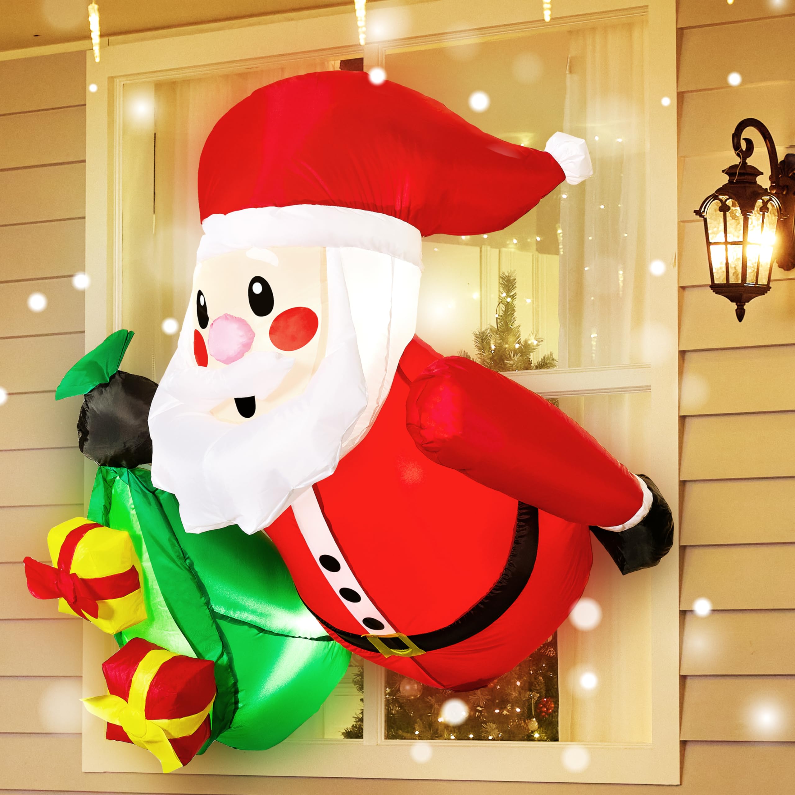 Joiedomi 3.5 FT Tall Christmas Inflatable Santa with Gift Bags Broke Out from Window, Blow Up Inflatable with Build-in LED for Window Decor, Xmas Party Indoor, Outdoor, Yard, Garden, Lawn Decoration