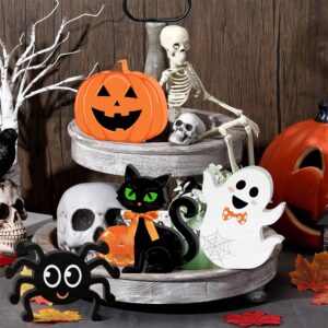 Halloween Wooden Signs Pumpkin Decor, 4PCS Halloween Table Signs Pumpkin Ghost Spider Black Cat Freestanding Rustic Decorative Signs, Halloween Tiered Tray Centerpiece Indoor Decorations for Home