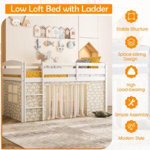 KOTEK Twin Loft Bed, Solid Wood Low Loft Bed for Kids with Ladder & Guard Rails, No Box Spring Needed, Space-Saving Loft Bed Frame for Boys & Girls (White)