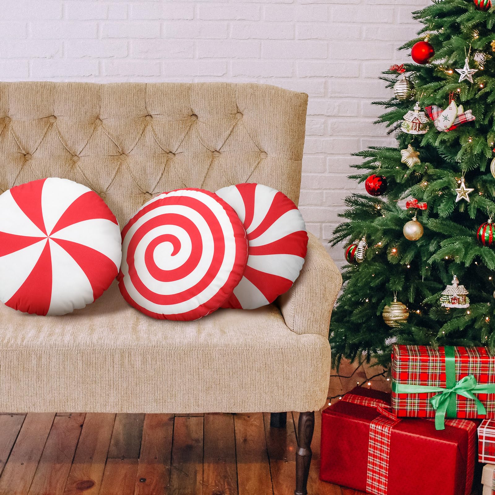 Kigley 3 Pcs Christmas Candy Cane Throw Pillow Red White Peppermint Round Spiral Lollipop Pillow Xmas Home Gift Set for Bedroom Bed Sofa Bench Couch Chair Cushion Holiday Decoration, 13.8 Inch