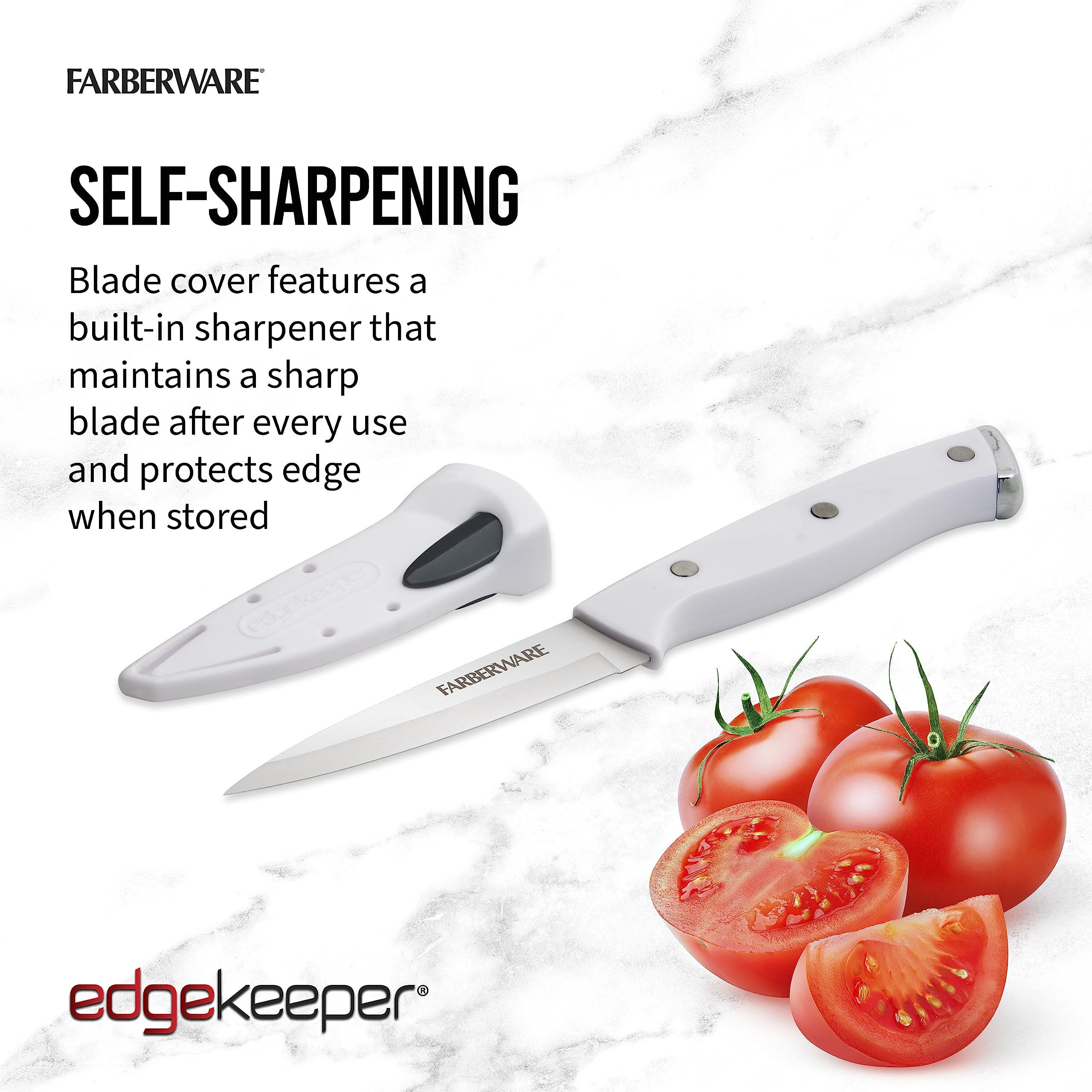 Farberware Edgekeeper Triple Riveted Paring Self-Sharpening Blade Cover, High Carbon-Stainless Steel Kitchen Ergonomic Handle, Razor-Sharp Knife, 3.5 Inch, White