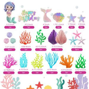 20 PCS Mermaid Cake Toppers with 3D Mermaid Seaweed Folding Fans Shell Starfish Cake Decoration for Kids Girls Birthday Party Baby Shower Supplies (STYLE1)