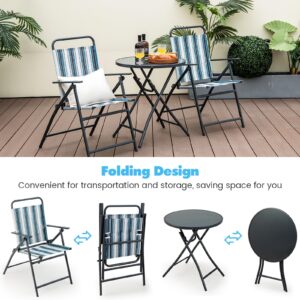 Giantex 3 Pcs Patio Bistro Set, Folding Table and Chairs Set, Metal Outdoor Dining Set with 2 Chairs, Glass Round Side Table, Conversation Furniture Set for Yard Porch Deck Backyard