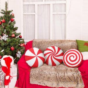 Kigley 3 Pcs Christmas Candy Cane Throw Pillow Red White Peppermint Round Spiral Lollipop Pillow Xmas Home Gift Set for Bedroom Bed Sofa Bench Couch Chair Cushion Holiday Decoration, 13.8 Inch