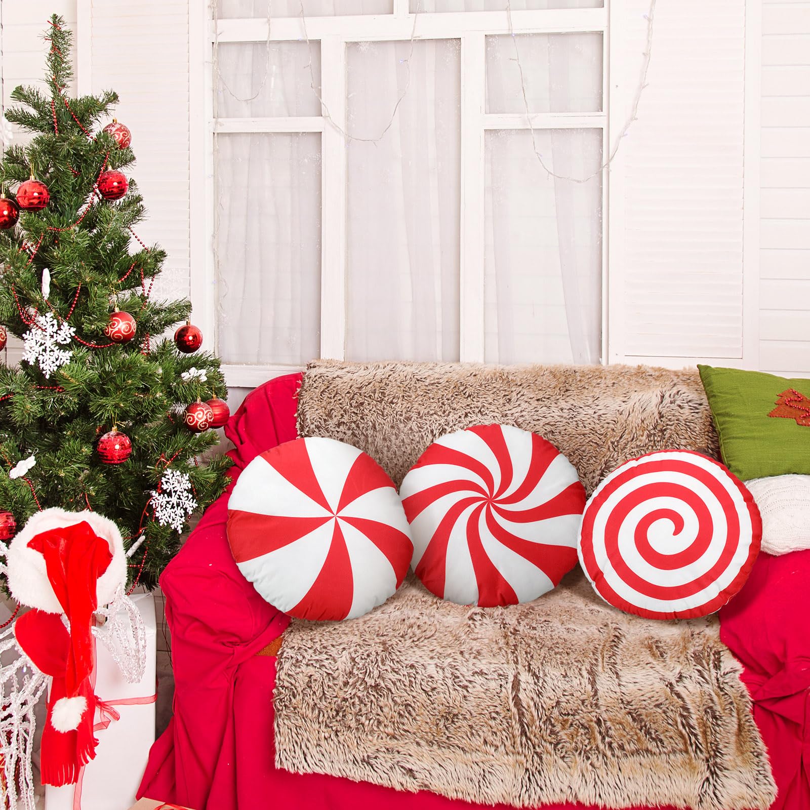 Kigley 3 Pcs Christmas Candy Cane Throw Pillow Red White Peppermint Round Spiral Lollipop Pillow Xmas Home Gift Set for Bedroom Bed Sofa Bench Couch Chair Cushion Holiday Decoration, 13.8 Inch