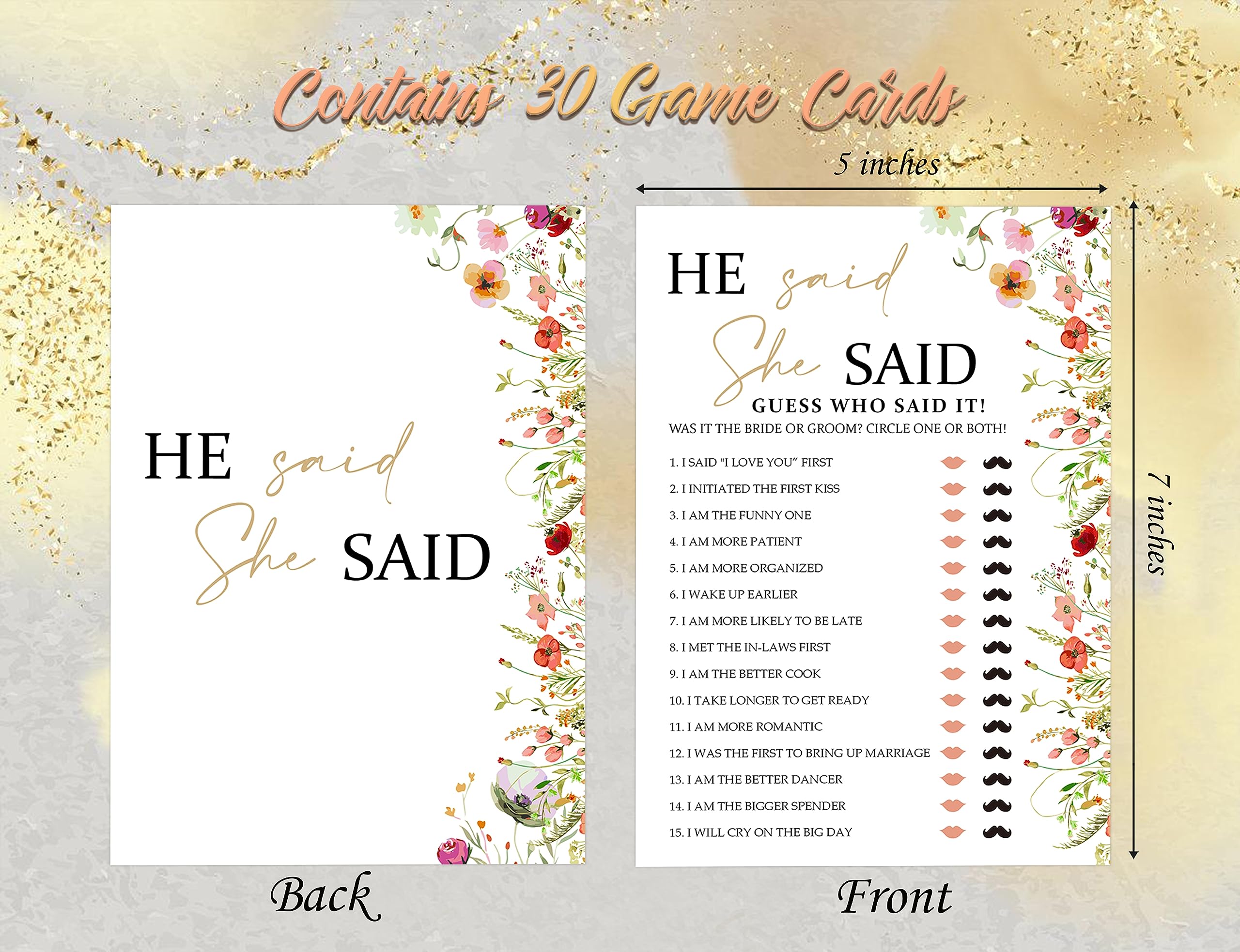 He Said She Said Bridal Shower Games, Wedding Shower and Bachelorette Party - Set of 30 Cards, Boho Floral Bridal Wedding Activities Game Cards for Guests, Bridal Shower Party Decorations-LH2