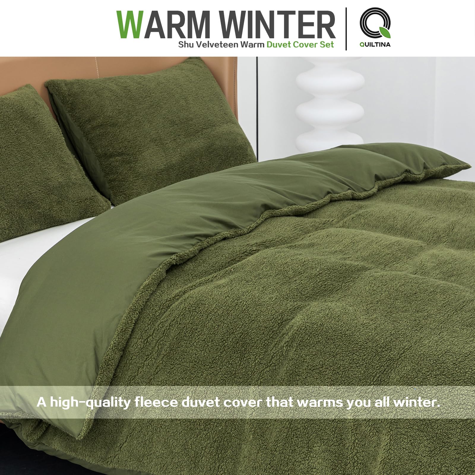 QUILTINA Shu Velveteen Warm Duvet Cover Set Queen Size with 2 Pillowcases, Coral Fleece Luxury Quilt Cover Anti-Static for Winter, Double Sided Velvet and Sanded Blanket, Army Green, 90" x 90"