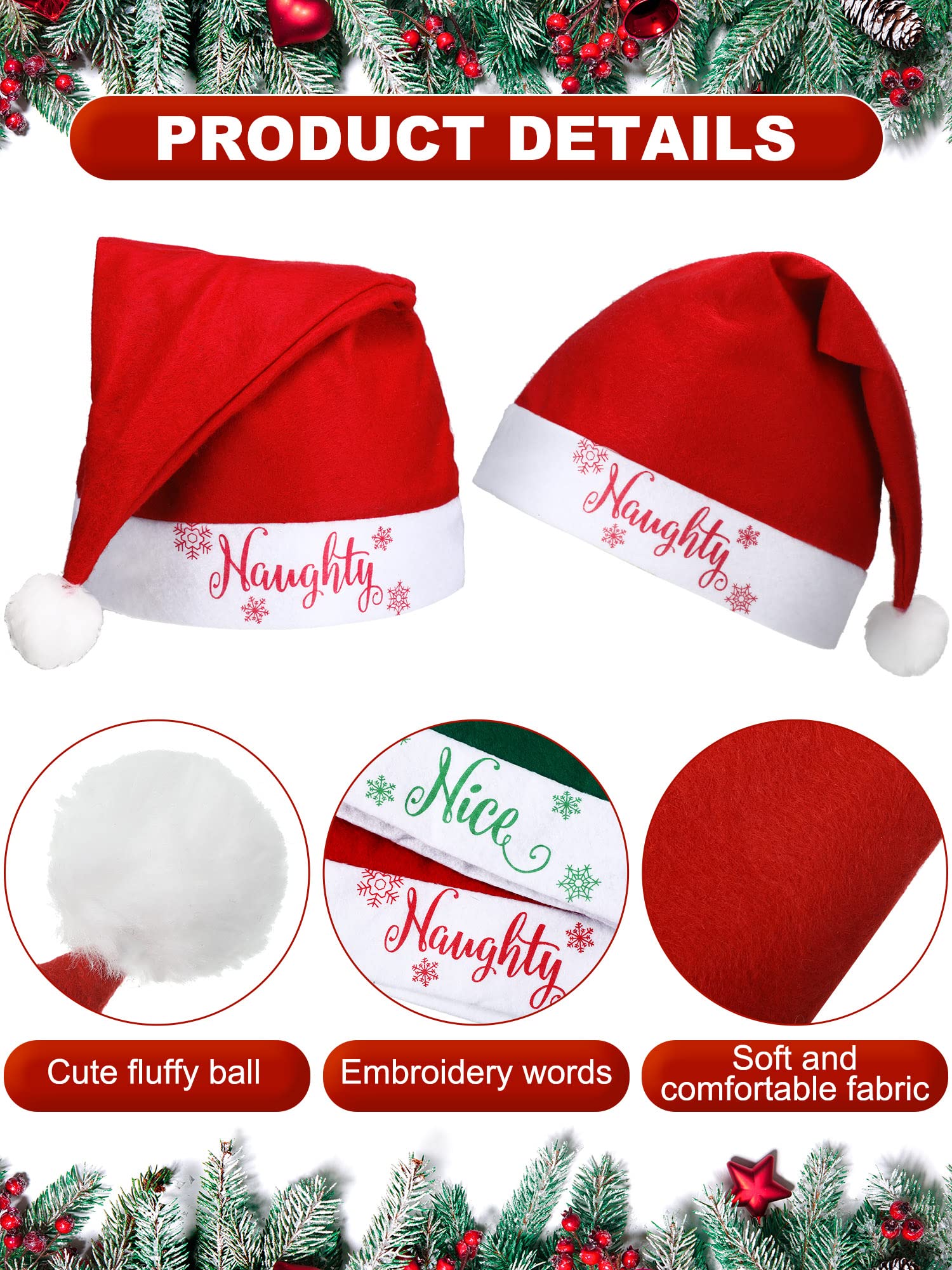 Leumoi 50 Pieces Naughty and Nice Plush Christmas Santa Hats Decorative Red and Green Christmas Hat Xmas Santa Hats for Adults Kids Women Men Funny Decoration Holiday Party Costume Supply