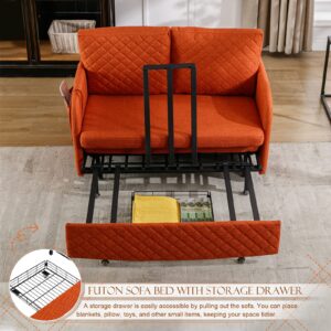 Pull Out Futon Sofa Bed, Convertible Small Loveseat Sleeper with Storage Drawer, 3 in 1 Futon Couch with Removable Pocket and 2 Pillows, Modern Love Seat for Living Room, Guest Room, Deep Orange