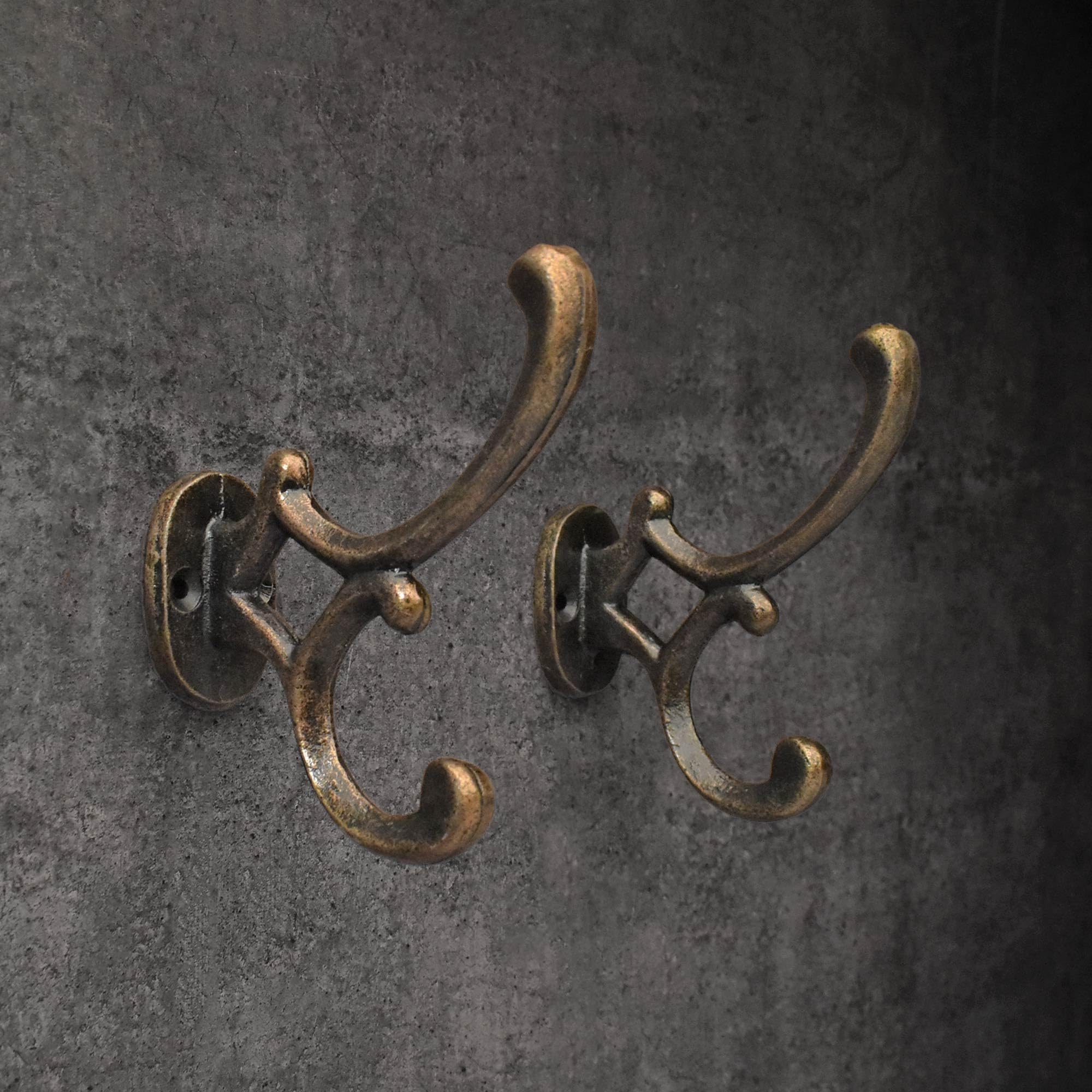 BROOK AND BIRCH Antique Brass Coat Hooks Wall Mounted Iron Hooks Vintage Iron Double Hooks for Hanging Coats Towels Hats Bags Cups - Set of 2