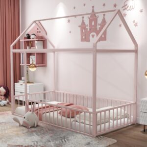 Aiuyesuo Playhouse Design Twin Size House Bed with Fence, Metal Montessori Floor Bed Frame with Roof for Toddler, Kids, Teens, Girls, Boys, No Box Spring Needed (Pink-T9)