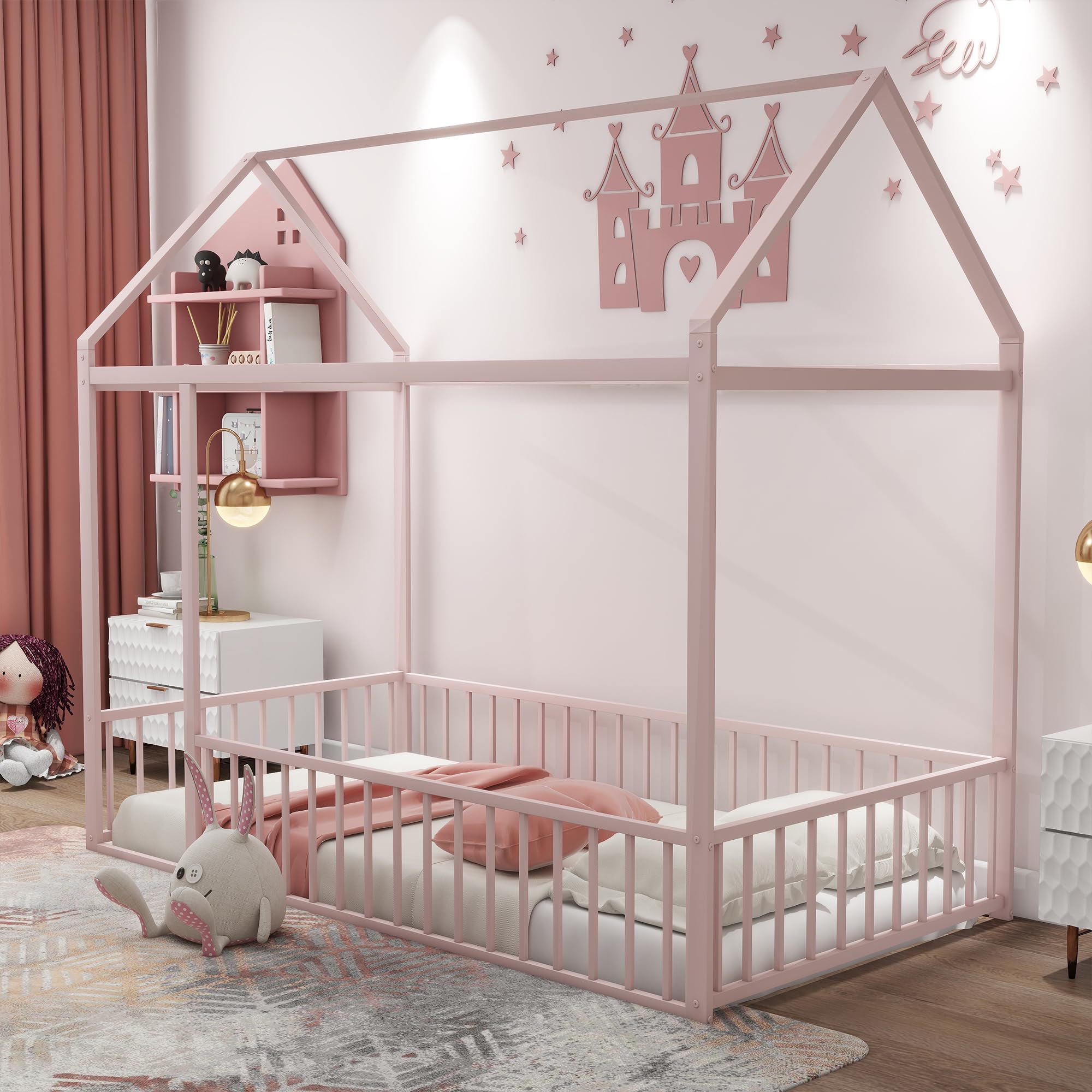 Aiuyesuo Playhouse Design Twin Size House Bed with Fence, Metal Montessori Floor Bed Frame with Roof for Toddler, Kids, Teens, Girls, Boys, No Box Spring Needed (Pink-T9)