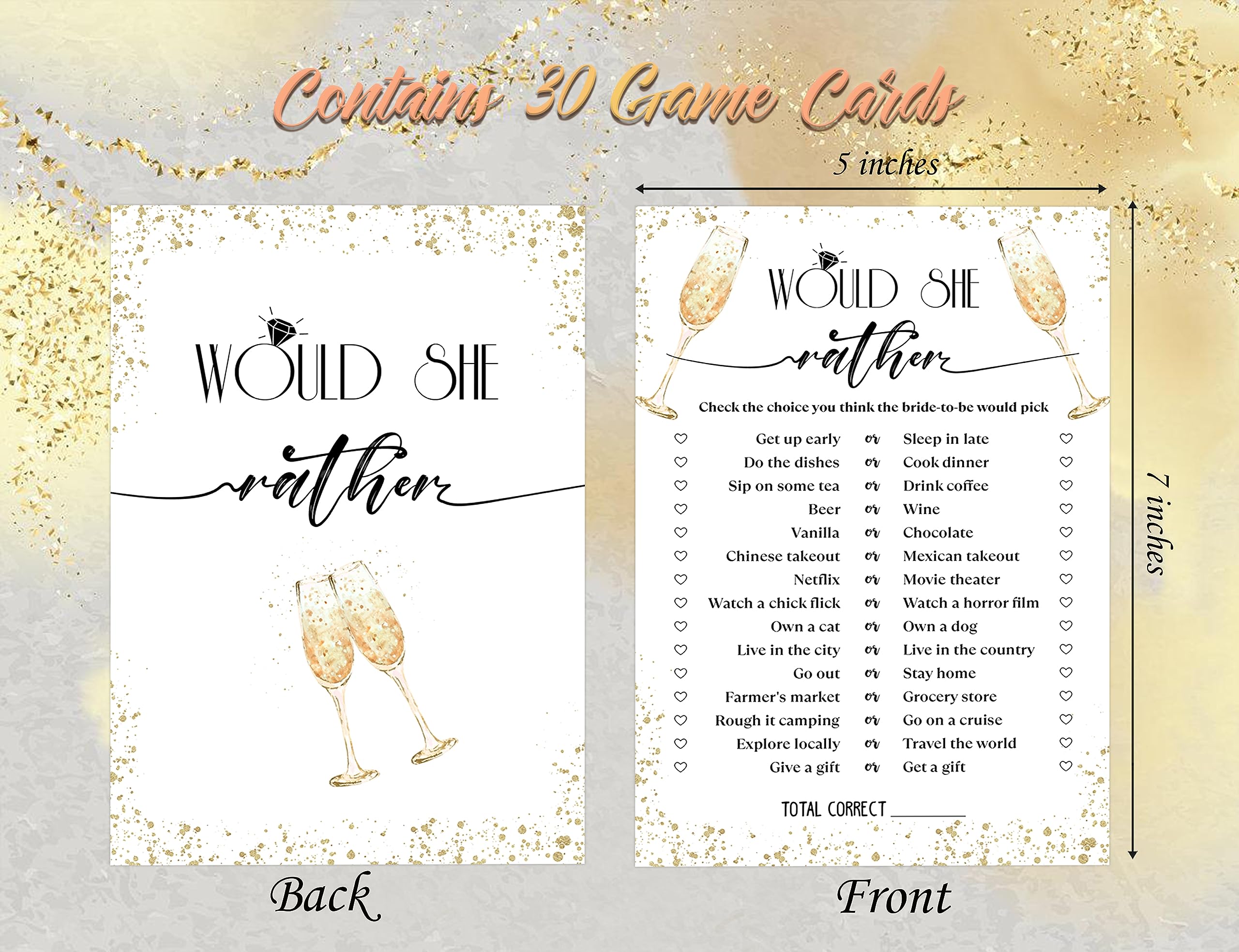 Would She Rather - Bridal Shower Game, Wedding Shower and Bachelorette Party - Set of 30 Cards, Gold Champagne Bridal Wedding Party Game Cards for Guests, Bridal Shower Party Decorations-LN1