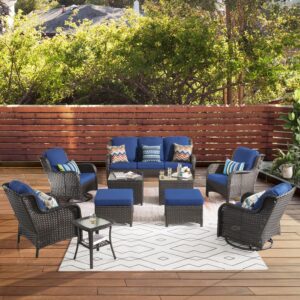 ovios outdoor furniture set 10 pieces patio conversation set rocking swivel chairs all weather rattan wicker sofa couch for backyard porch deck, brown wicker, navy blue