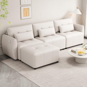 aiuyesuo 113.3" versatility sectional sofa couch, convertible 3-seat l-shaped sofa with movable ottoman and usb port,couch with lumbar pillow for apartment,living room(beige-zc34)