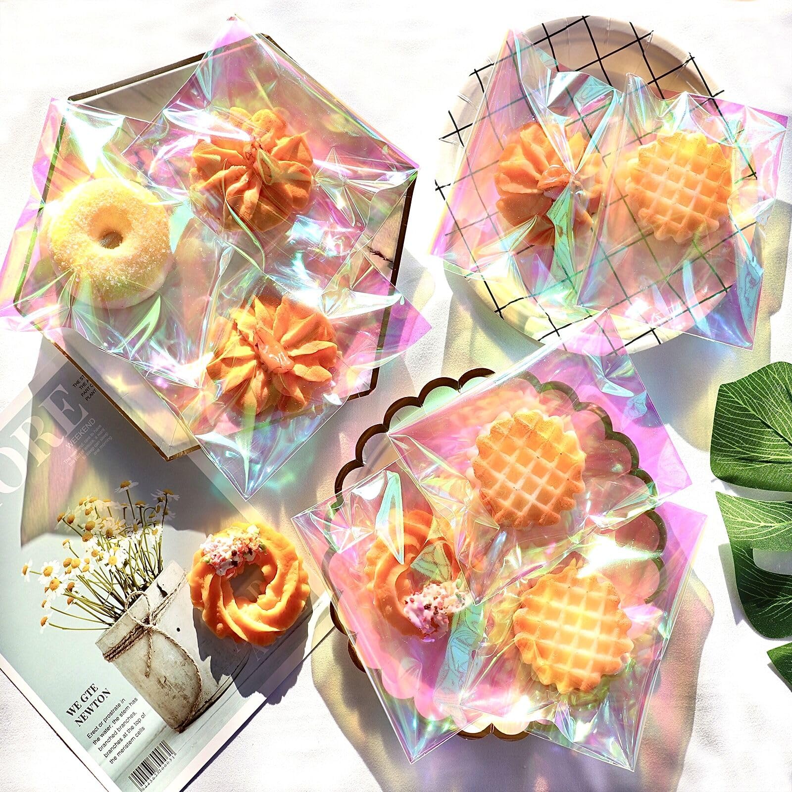 Self Sealing Iridescent Cellophane Bags 5x6 Inches 100 Pcs Individual Cookie Bags for Packaging Resealable Cellophane Treat Bags for Gift Giving Self Adhesive Clear Party Favor Bakery Candy Gift Bags