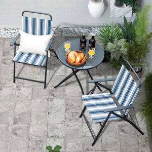 Giantex 3 Pcs Patio Bistro Set, Folding Table and Chairs Set, Metal Outdoor Dining Set with 2 Chairs, Glass Round Side Table, Conversation Furniture Set for Yard Porch Deck Backyard