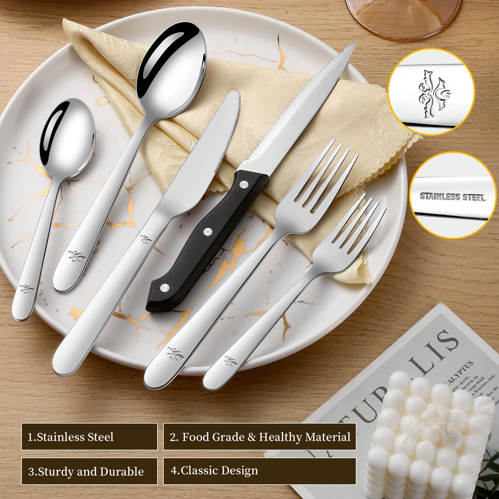 Amrules 58-Piece Silverware Set Service for 10 - Stainless Steel Flatware Cutlery Set - Knives Forks and Spoons Utensil sets for Home Kitchen Restaurant Hotel, Mirror Polished, Dishwasher Safe