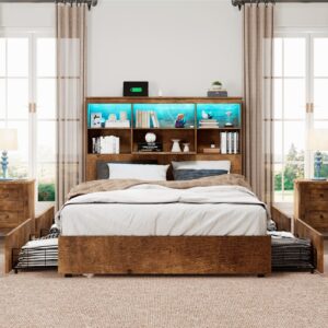 LUXOAK King Size Bed Frame with LED Bookcase Headboard, Wooden Storage Bed with Charging Station & 4 Drawers, No Box Spring Needed/Noise-Free/Rustic Brown