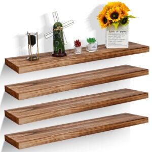 sasylvia 4 pcs extra long floating wall shelves book rustic thick shelves for wall decor wall mounted wood farmhouse bathroom hanging shelf for bedroom living room kitchen(brown, 35 x 9.5 x 1.5)