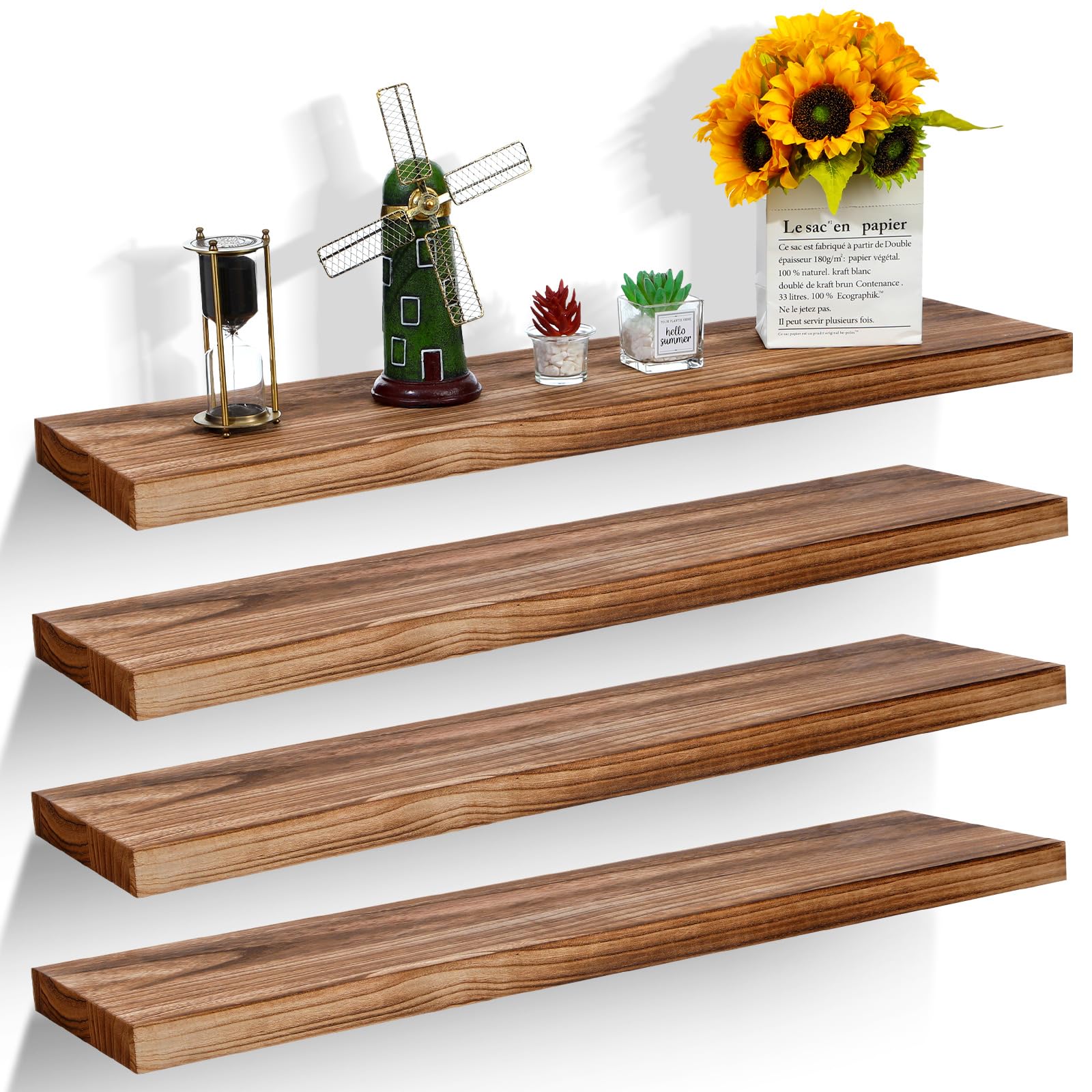 Sasylvia 4 Pcs Extra Long Floating Wall Shelves Book Rustic Thick Shelves for Wall Decor Wall Mounted Wood Farmhouse Bathroom Hanging Shelf for Bedroom Living Room Kitchen(Brown, 35 x 9.5 x 1.5)