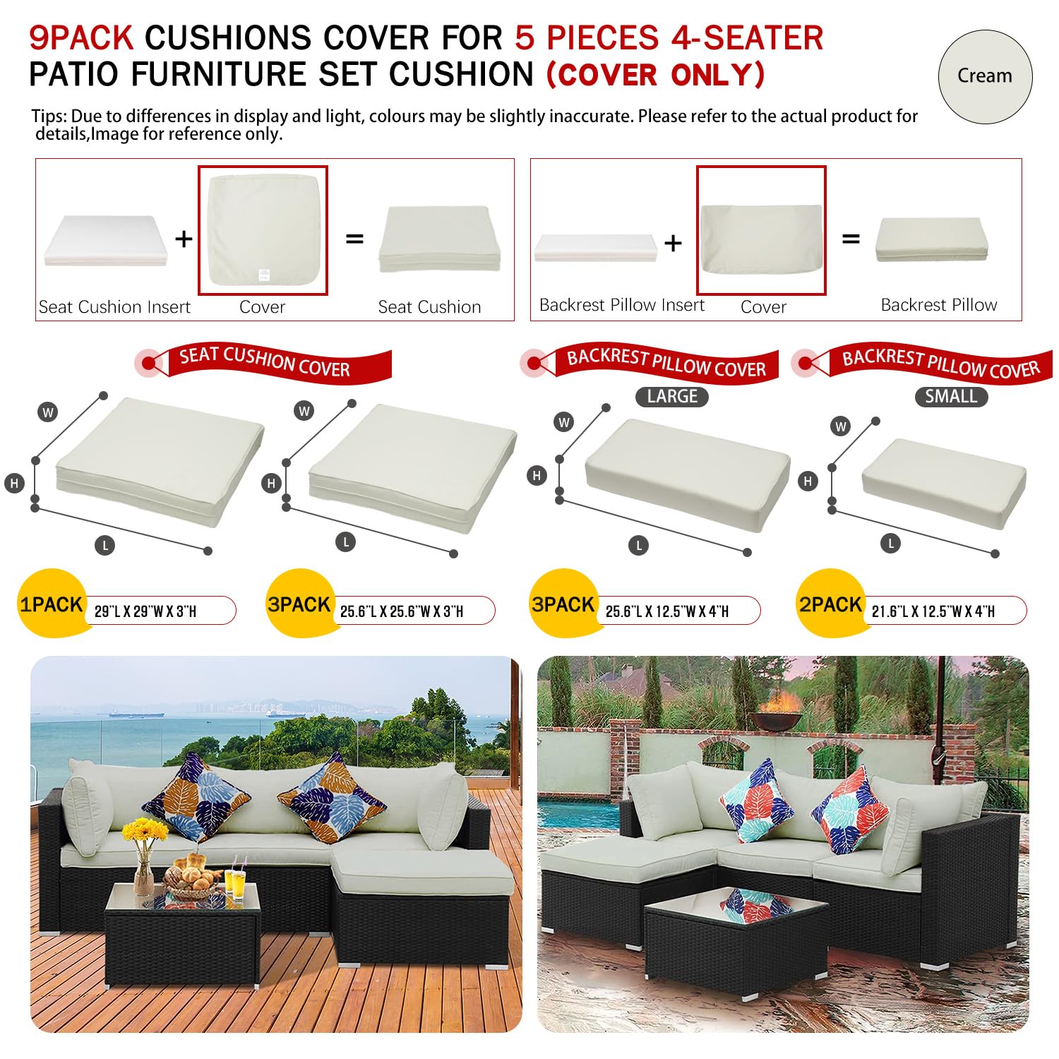 9 Pack Patio Cushion Covers Set Outdoor Furniture Cushion and Pillow Cover Replacement Fit for 5 Pieces 4-Seater Wicker Rattan Patio Sectional Sofa Chair Couch Set,Cream-Cover Only (Large)