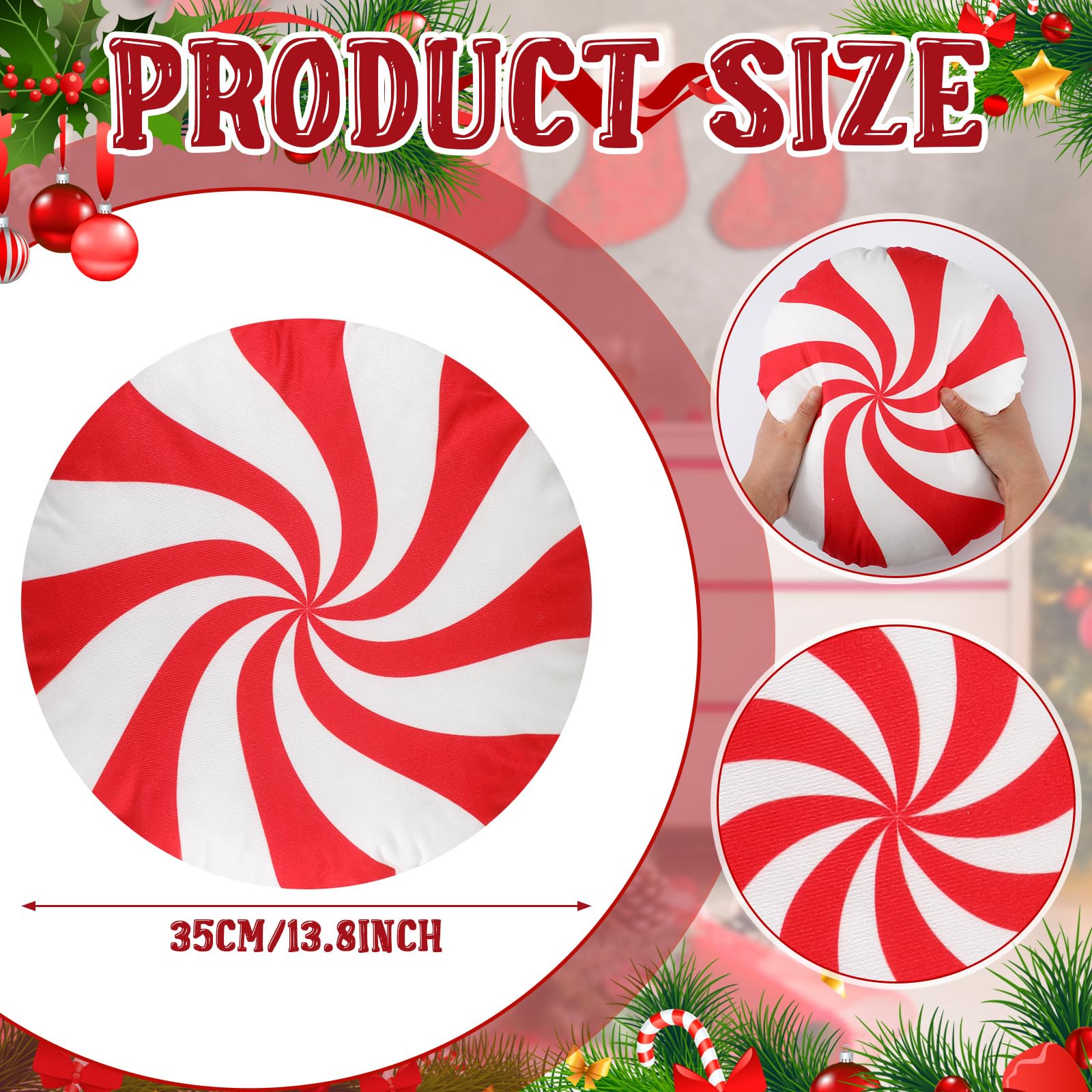 Kigley 3 Pcs Christmas Candy Cane Throw Pillow Red White Peppermint Round Spiral Lollipop Pillow Xmas Home Gift Set for Bedroom Bed Sofa Bench Couch Chair Cushion Holiday Decoration, 13.8 Inch