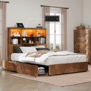 luxoak king size bed frame with led bookcase headboard, wooden storage bed with charging station & 4 drawers, no box spring needed/noise-free/rustic brown