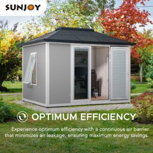 Sunjoy Office Shed for Outdoor, Tiny House 10'x12.6' She Shed, Backyard Office, Multipurpose Outdoor Room, Home Gym with Floor, 2 Windows and Lockable Doors