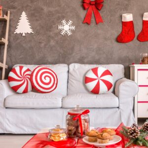 Kigley 3 Pcs Christmas Candy Cane Throw Pillow Red White Peppermint Round Spiral Lollipop Pillow Xmas Home Gift Set for Bedroom Bed Sofa Bench Couch Chair Cushion Holiday Decoration, 13.8 Inch