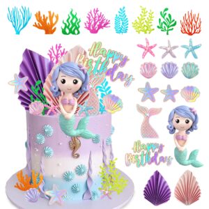 20 pcs mermaid cake toppers with 3d mermaid seaweed folding fans shell starfish cake decoration for kids girls birthday party baby shower supplies (style1)