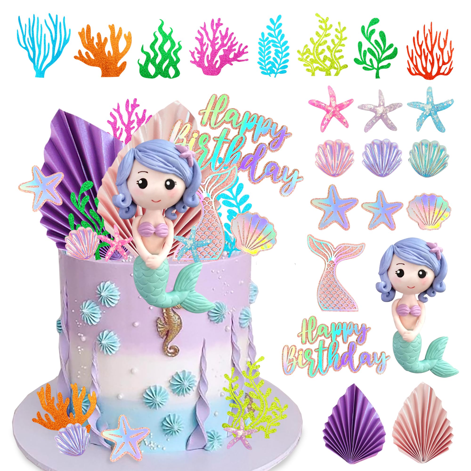 20 PCS Mermaid Cake Toppers with 3D Mermaid Seaweed Folding Fans Shell Starfish Cake Decoration for Kids Girls Birthday Party Baby Shower Supplies (STYLE1)