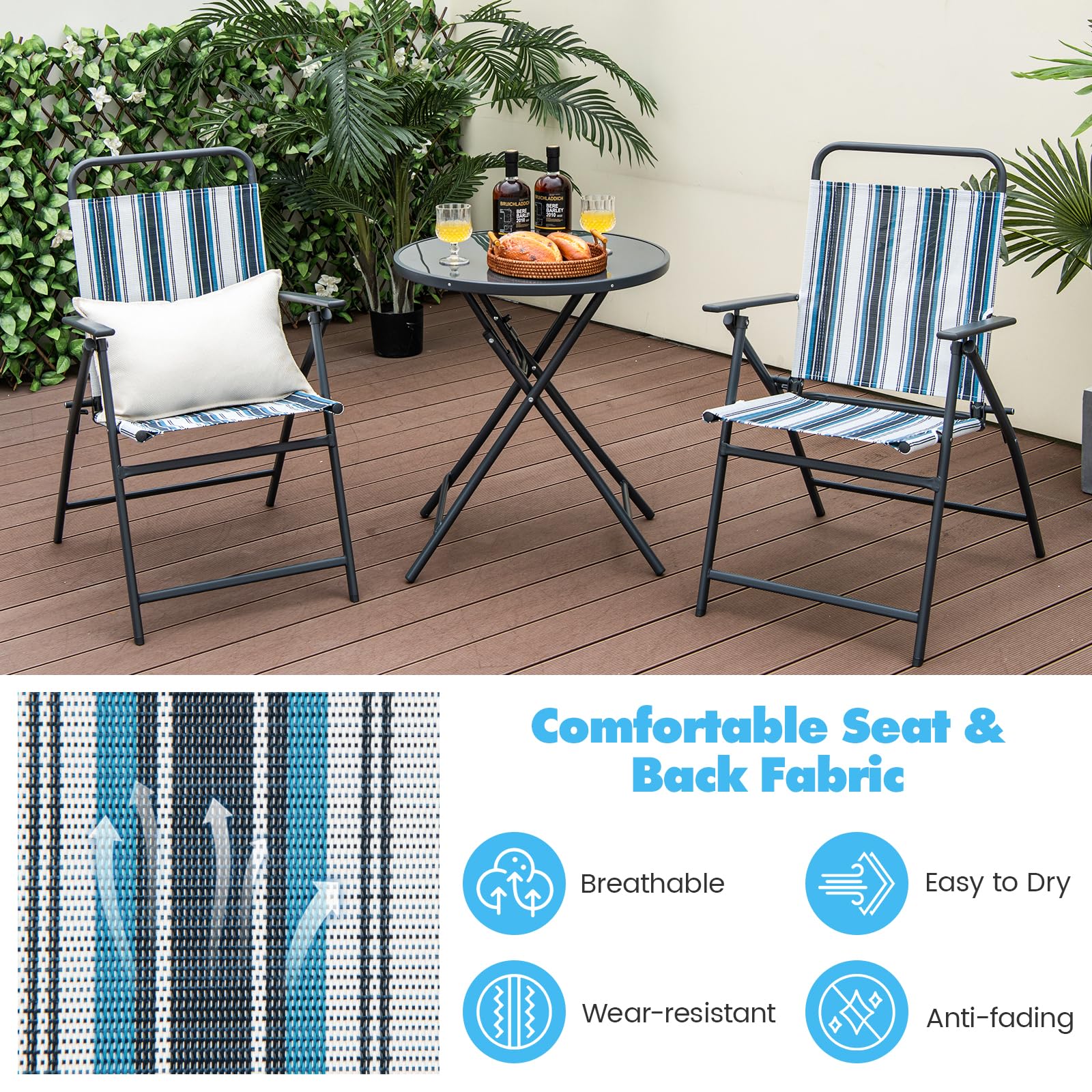 Giantex 3 Pcs Patio Bistro Set, Folding Table and Chairs Set, Metal Outdoor Dining Set with 2 Chairs, Glass Round Side Table, Conversation Furniture Set for Yard Porch Deck Backyard