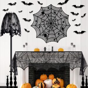 5Pack Halloween Decorations Indoor Halloween Decor Black Lace Table Runner Fireplace Mantel Scarf Round Tablecloth Cobweb Lampshade with 32 Pcs 3D Bat Wall Stickers