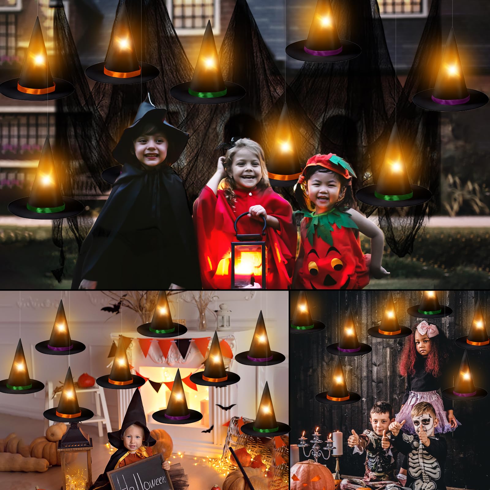 Halloween Hanging Witch Hats Decorations - 12PCS Black Witch Hats with Lights DIY Floating Witch Hats with 28PCS 3D Bats and Creepy Cloth for Kids Halloween Porch Tree Party Decorations