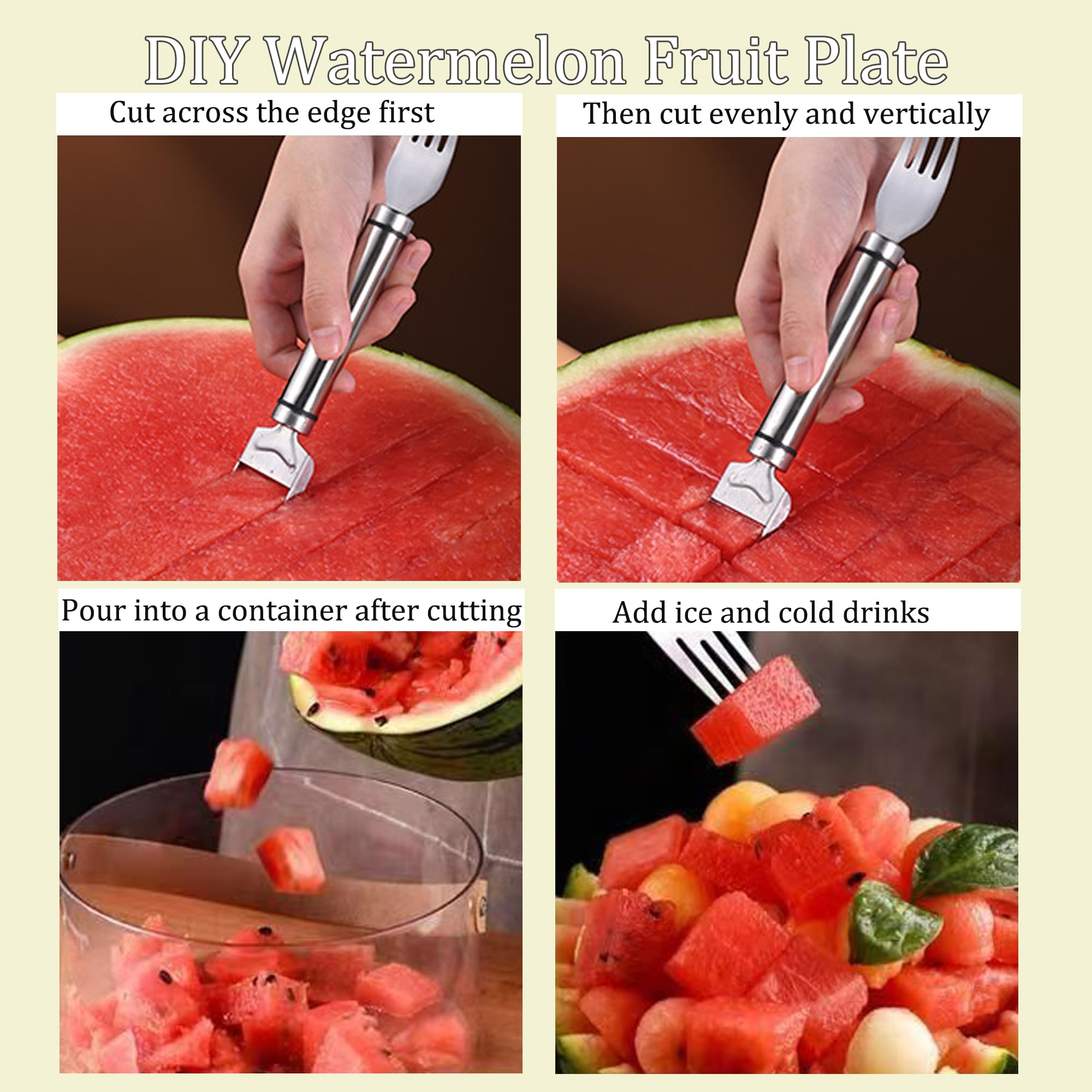 ZLMC 2-in-1 Watermelon Fork Slicer,Portable Stainless steel Watermelon Slicer with Melon Baller Scoop Extra,Dual Head Stainless Steel Fruit Forks Slicer Knife for Family Parties Camping(2PCS)