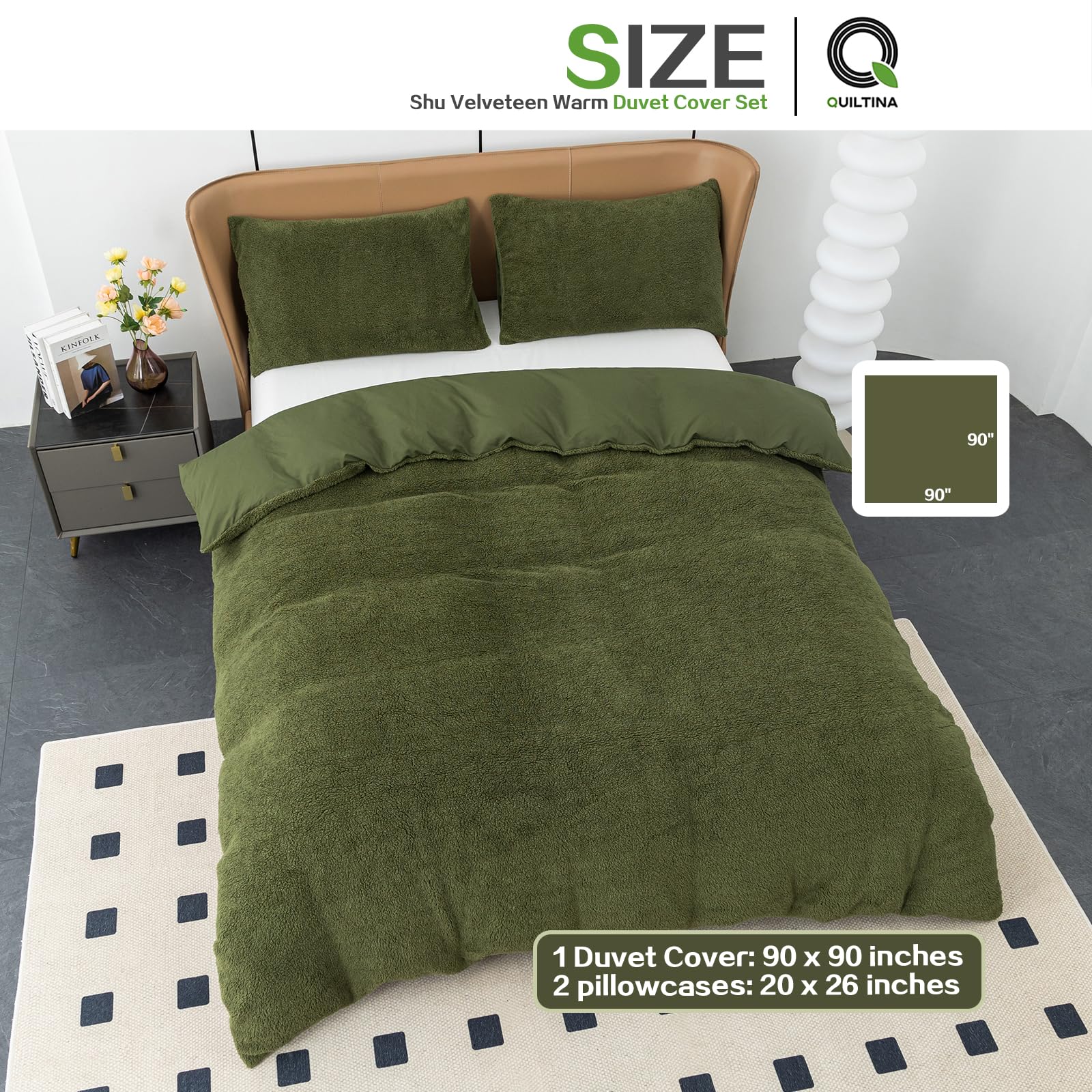 QUILTINA Shu Velveteen Warm Duvet Cover Set Queen Size with 2 Pillowcases, Coral Fleece Luxury Quilt Cover Anti-Static for Winter, Double Sided Velvet and Sanded Blanket, Army Green, 90" x 90"