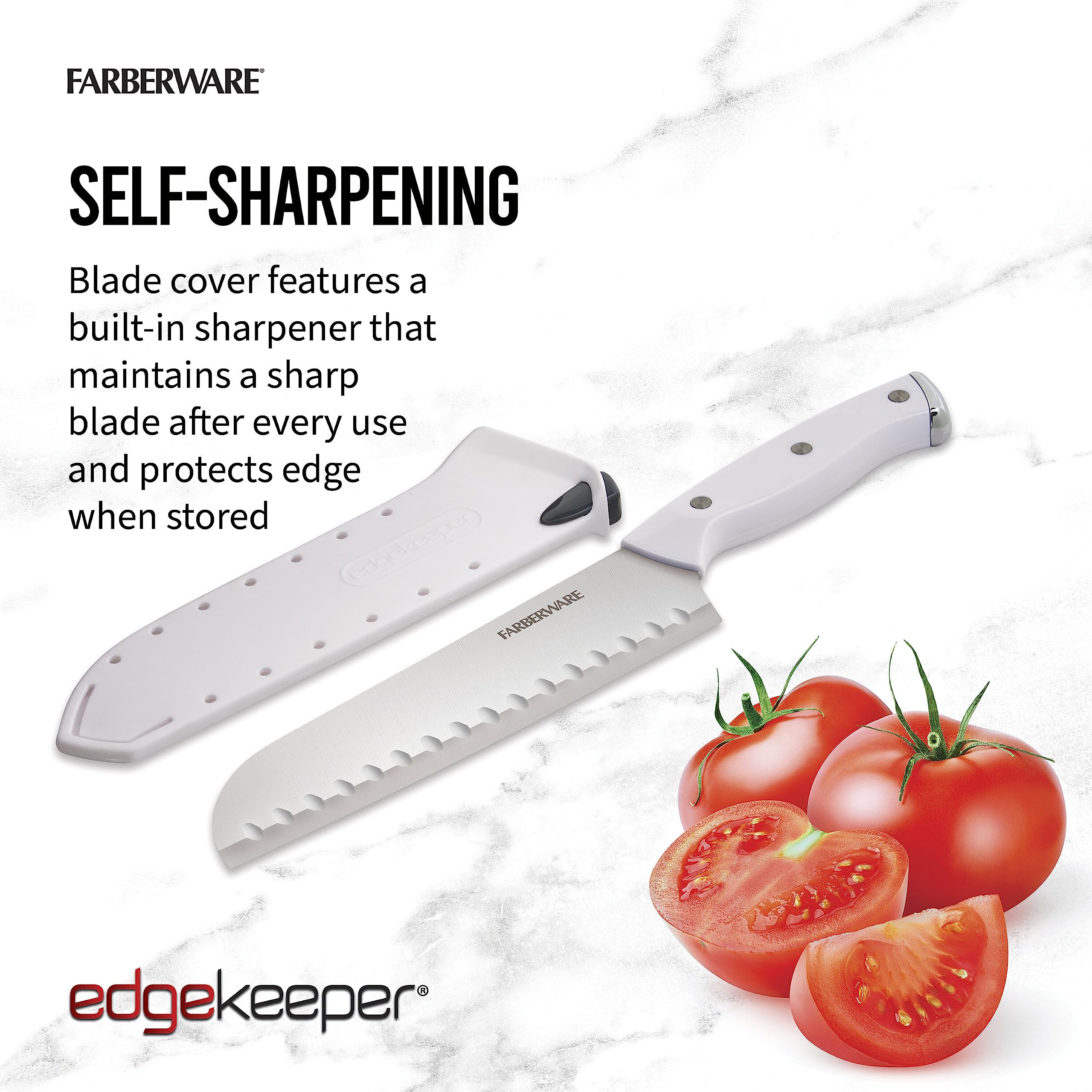 Farberware Edgekeeper Triple Riveted Santoku Self-Sharpening Blade Cover, High Carbon-Stainless Steel Kitchen Ergonomic Handle, Razor-Sharp Knife, 7 Inch, White