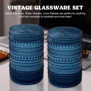 UPZAI Vintage Drinking Glasses Glassware: 15oz Water Cups Set of 6 - Thick Glass Vintage Hobnail Tumbler for Cocktail Whiskey Wine Beer Juice (6pcs Blue)