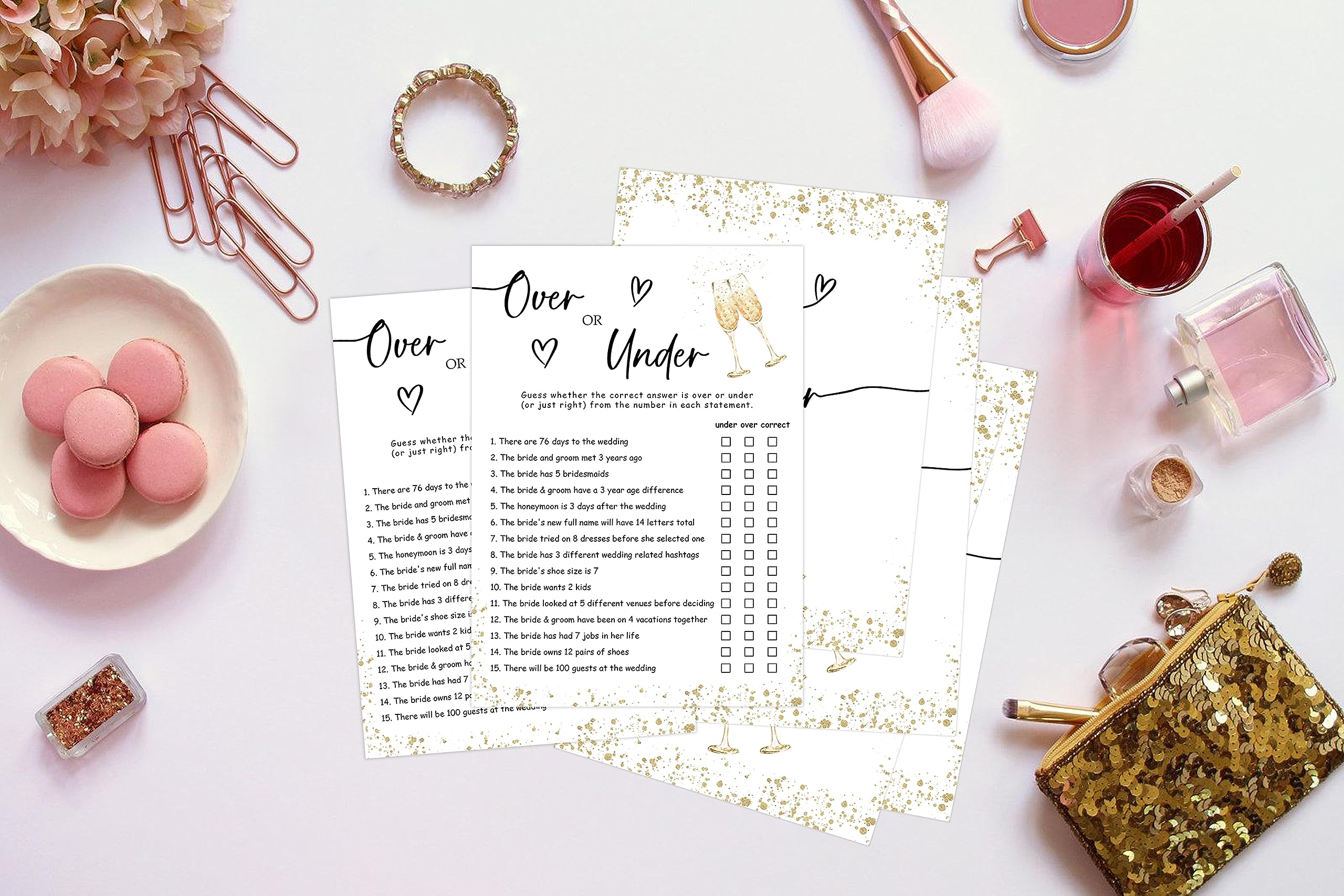 Over or Under Game Bridal Shower Games, Wedding Shower and Bachelorette Party - Set of 30 Cards, Gold Champagne Bridal Wedding Activities Game Cards for Guests, Bridal Shower Party Decorations-LI1