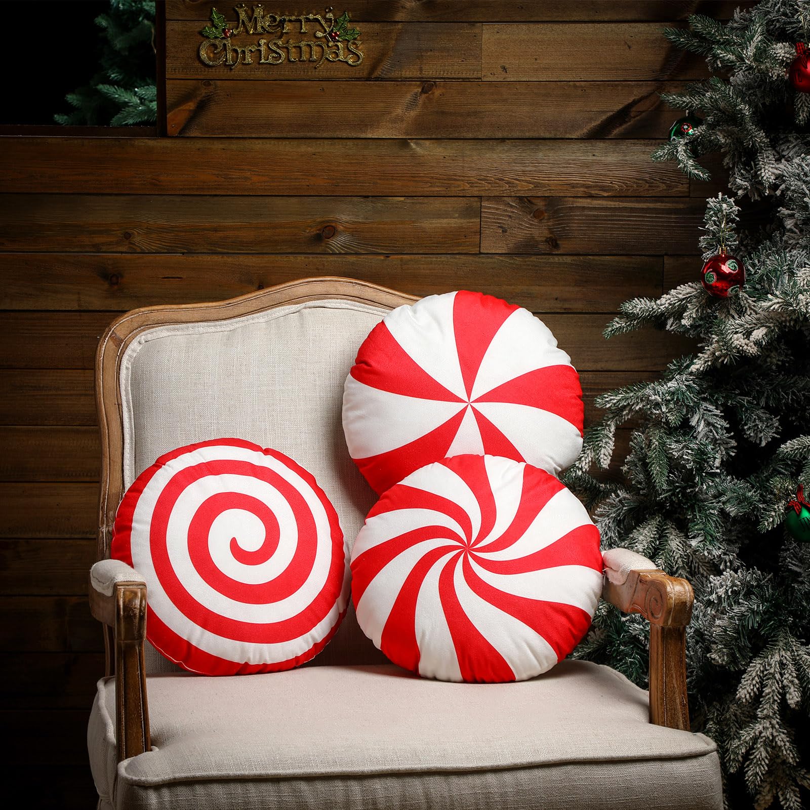 Kigley 3 Pcs Christmas Candy Cane Throw Pillow Red White Peppermint Round Spiral Lollipop Pillow Xmas Home Gift Set for Bedroom Bed Sofa Bench Couch Chair Cushion Holiday Decoration, 13.8 Inch