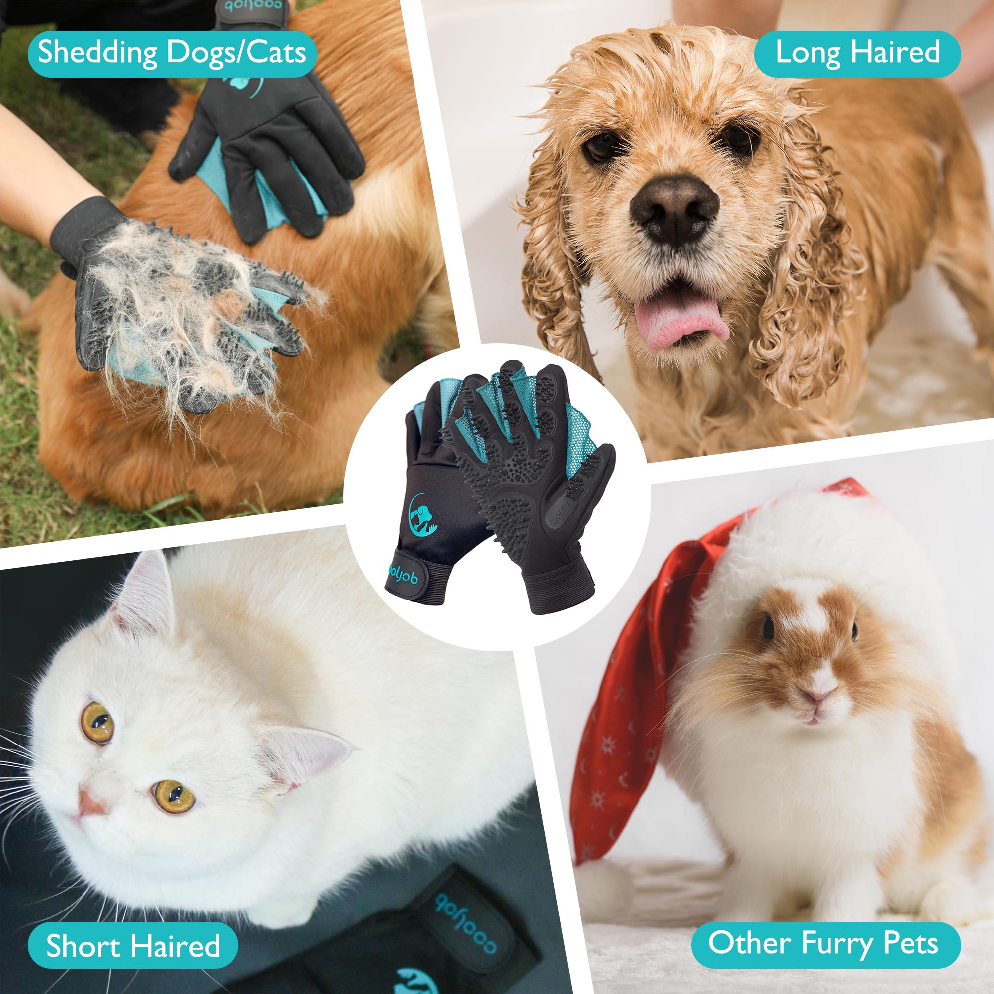 COOLJOB Patented Pet Grooming Gloves with Web, Reusable Washable Cleaning Brush Massage Hair Remover for Short Long Haired Dog Cat Horse Animal, Washing Bathing Shedding Supplies, Small, Blue Black