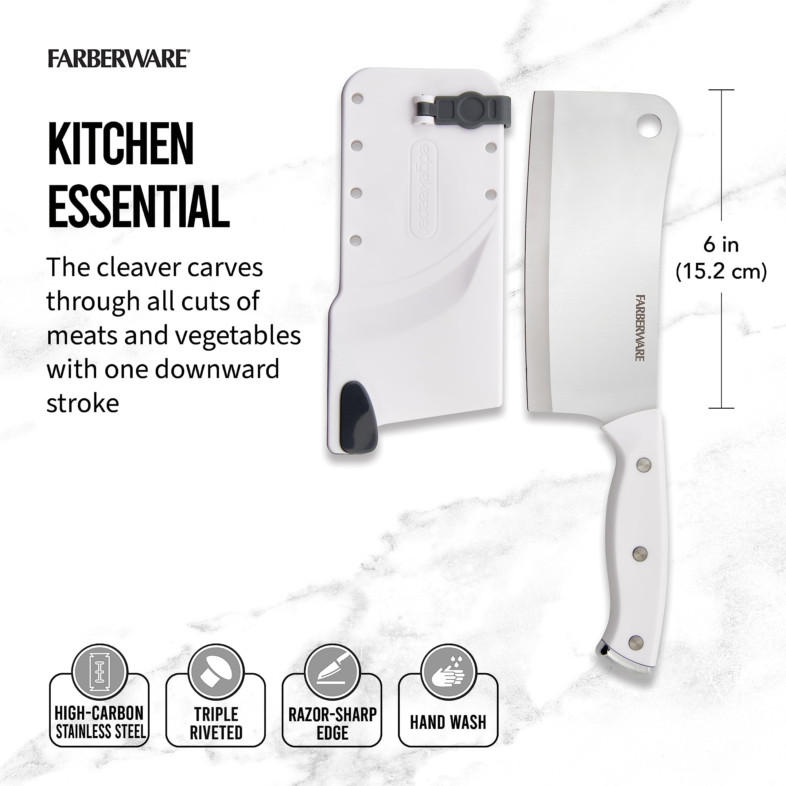 Farberware Edgekeeper Triple Riveted Cleaver Self-Sharpening Blade Cover, High Carbon-Stainless Steel Kitchen Ergonomic Handle, Razor-Sharp Knife, 6 Inch, White