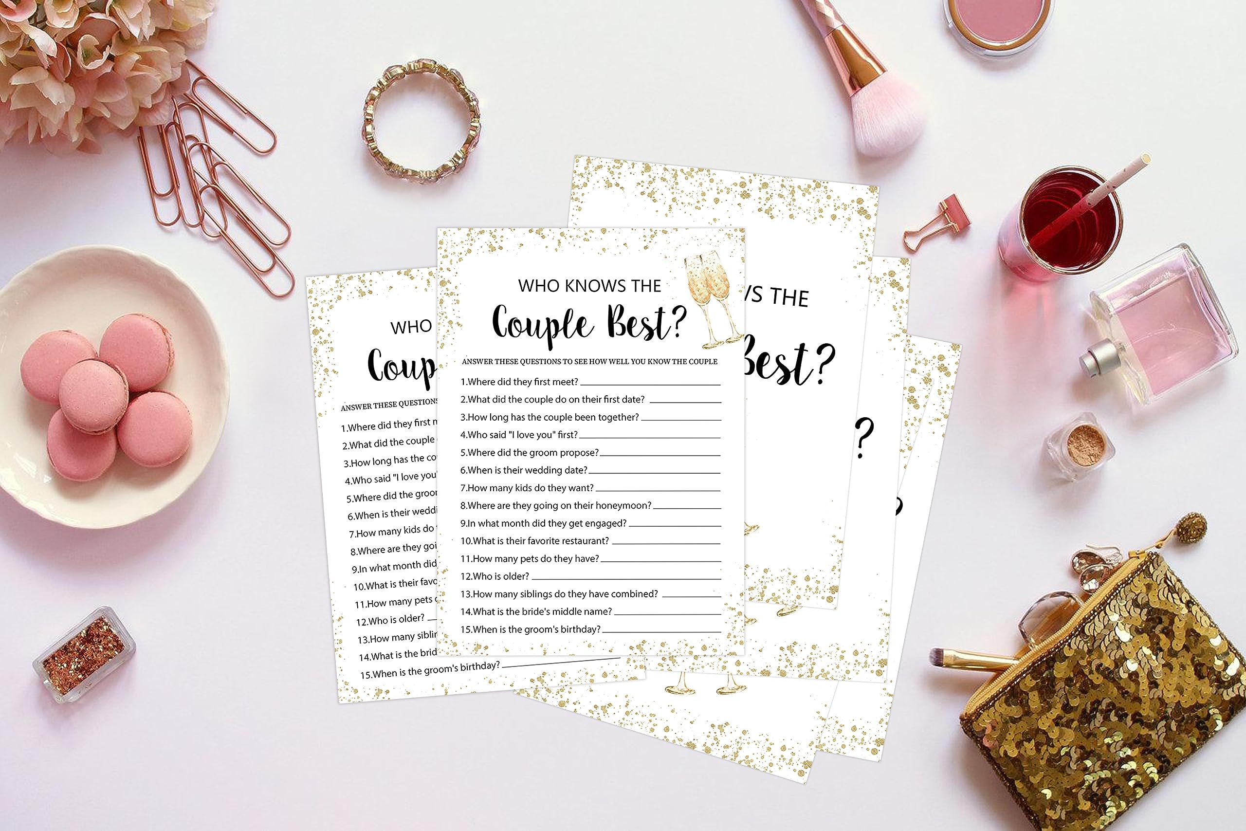 Who Knows The Couple Best Bridal Shower Game, Wedding Shower and Bachelorette Party - Set of 30 Cards, Gold Champagne Bridal Wedding Party Game Cards for Guests, Bridal Shower Party Decorations-LM1