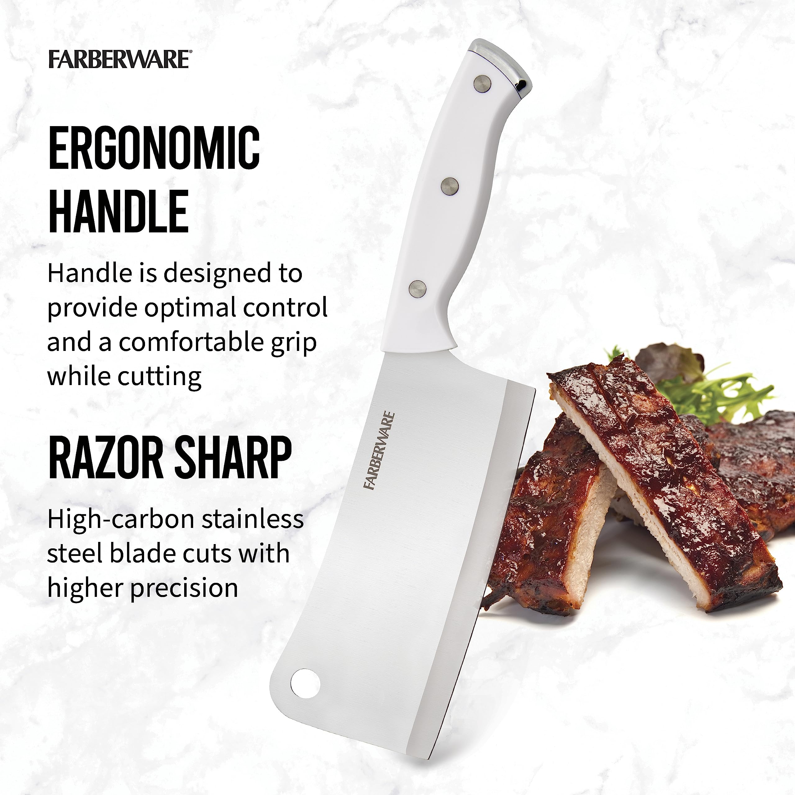 Farberware Edgekeeper Triple Riveted Cleaver Self-Sharpening Blade Cover, High Carbon-Stainless Steel Kitchen Ergonomic Handle, Razor-Sharp Knife, 6 Inch, White