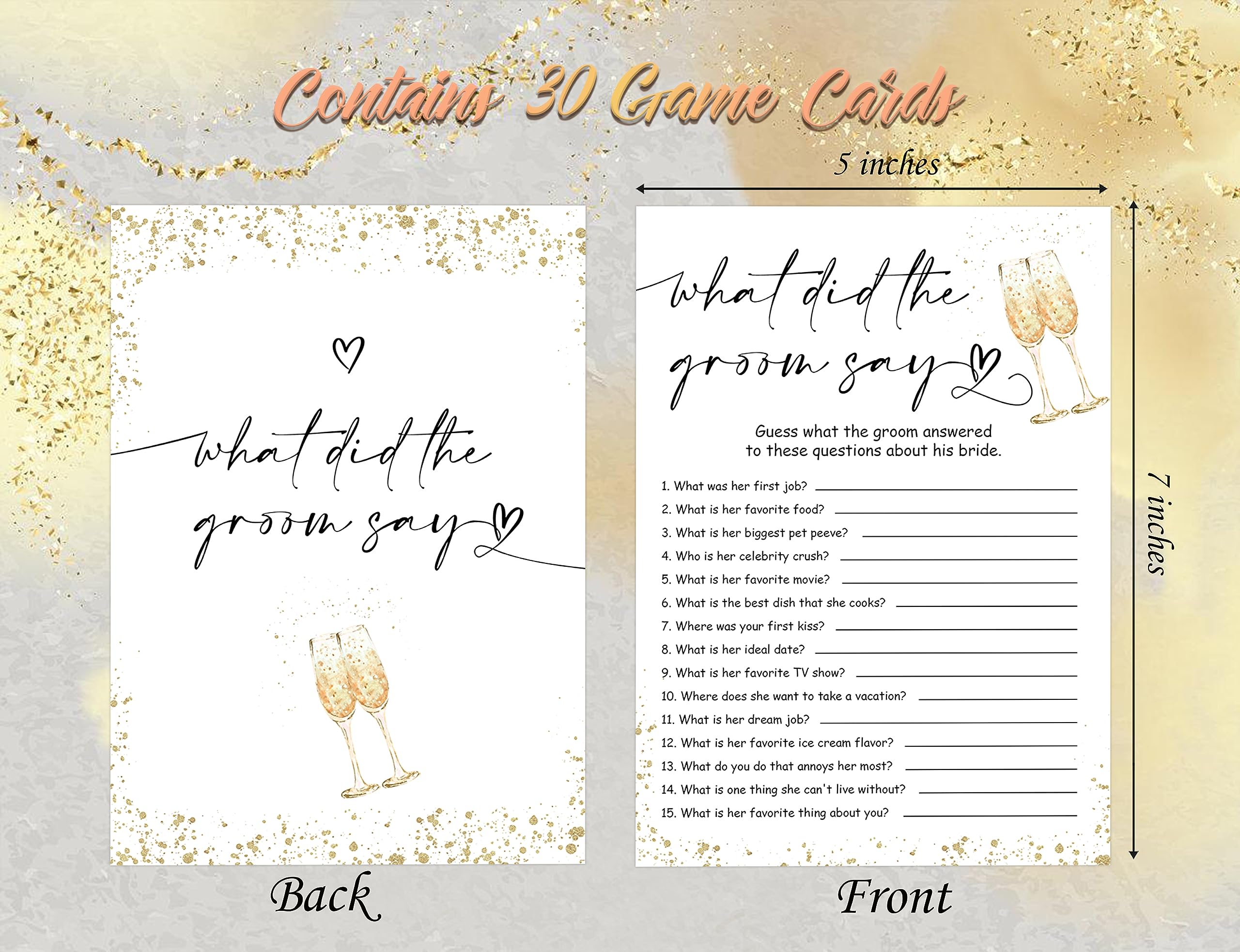 What Did the Groom Say Bridal Shower Game, Wedding Shower and Bachelorette Party - Set of 30 Cards, Gold Champagne Bridal Wedding Activities Game Cards for Guests, Bridal Shower Party Decorations-LK1