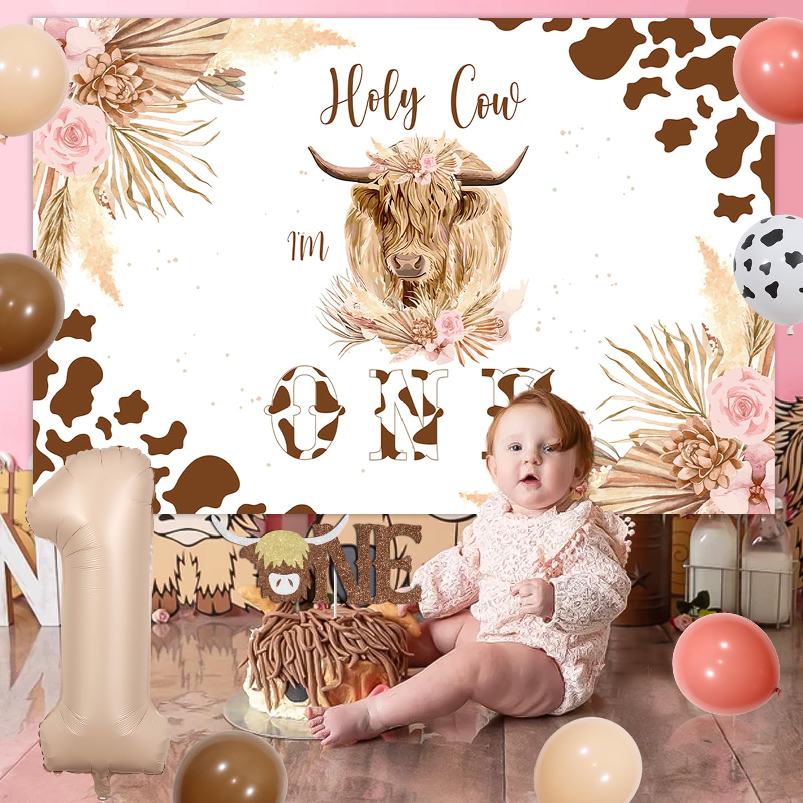 Highland Cow 1st Birthday Decorations Girl - Holy Cow Im One Backdrop, Highland Cattle High Chair Banner, Cake Topper, Foil Balloons for Pink Boho Floral Highland Cow Farm Animal Party Supplies